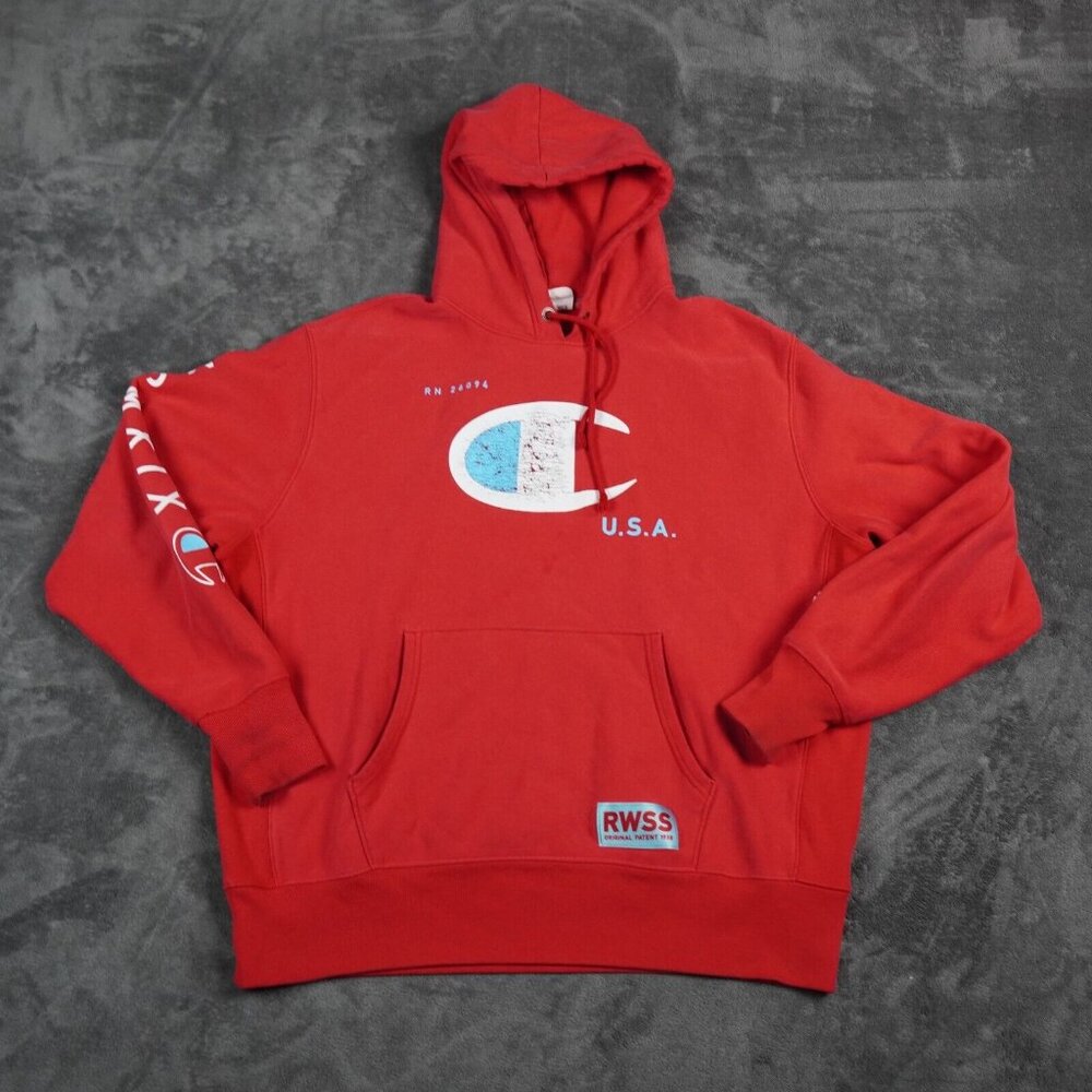 Champion Reverse Weave Hoodie Mens Small Red RWSS MCMXIX Logo Distressed